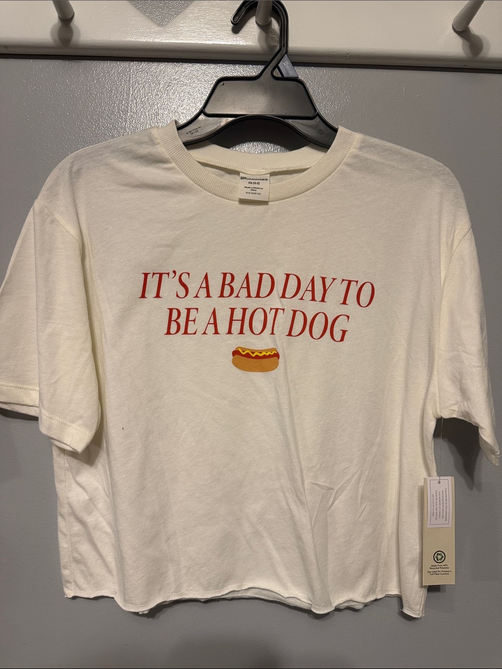 No Boundaries White Pet Tee with Red Slogan and Yellow Hot Dog Graphic